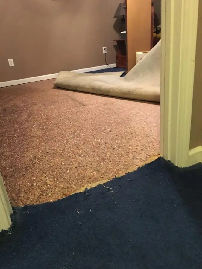Carpet pad removal revealing water damage during Water Mitigation Services in Glennville